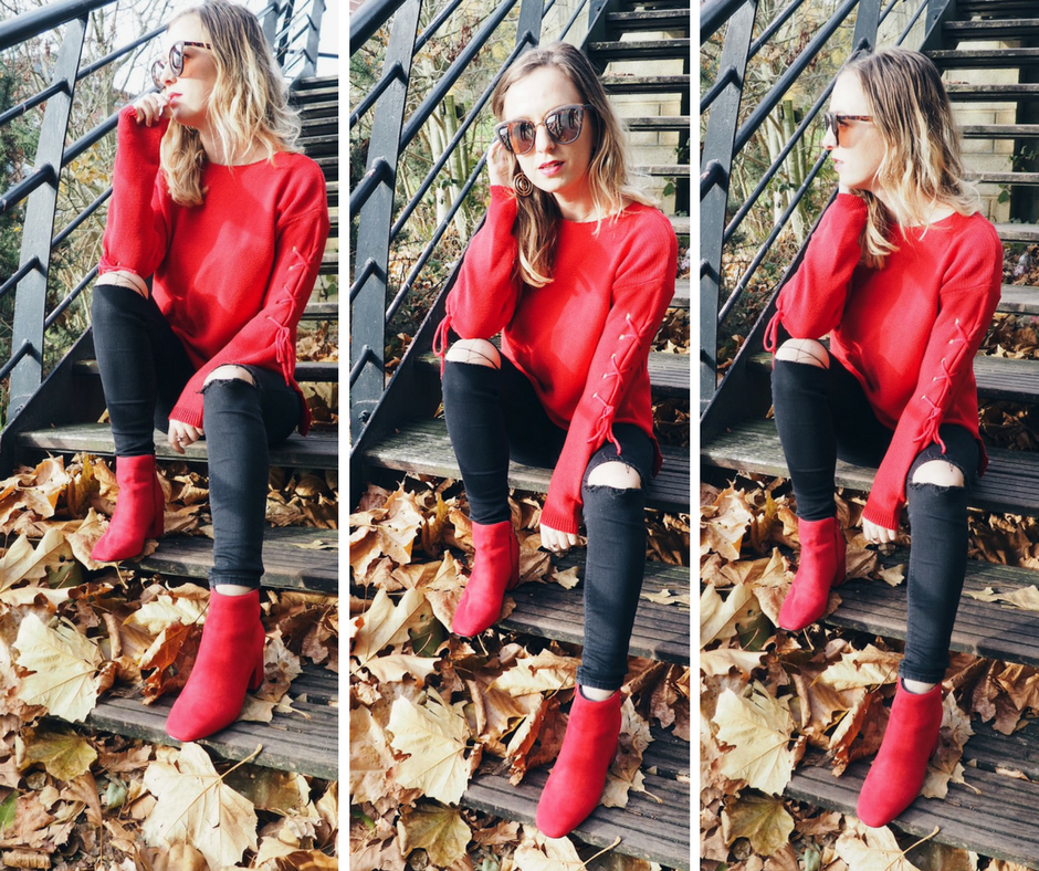 red jumper outfit